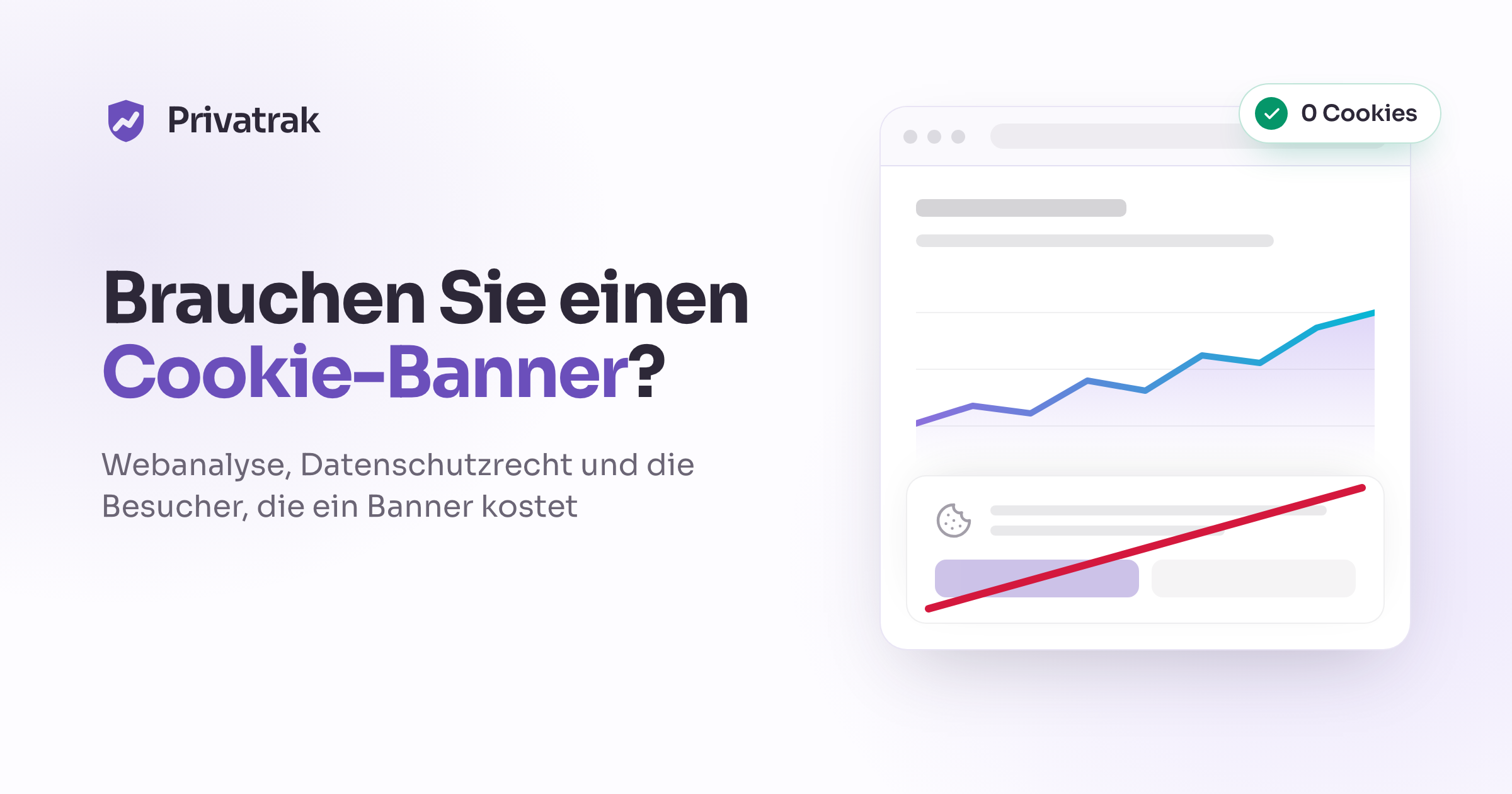 Brauchen Sie einen Cookie-Banner? Eine gezeichnete Webseite mit durchgestrichenem Cookie-Banner, daneben ein Besucherdiagramm, das weiterzählt.
