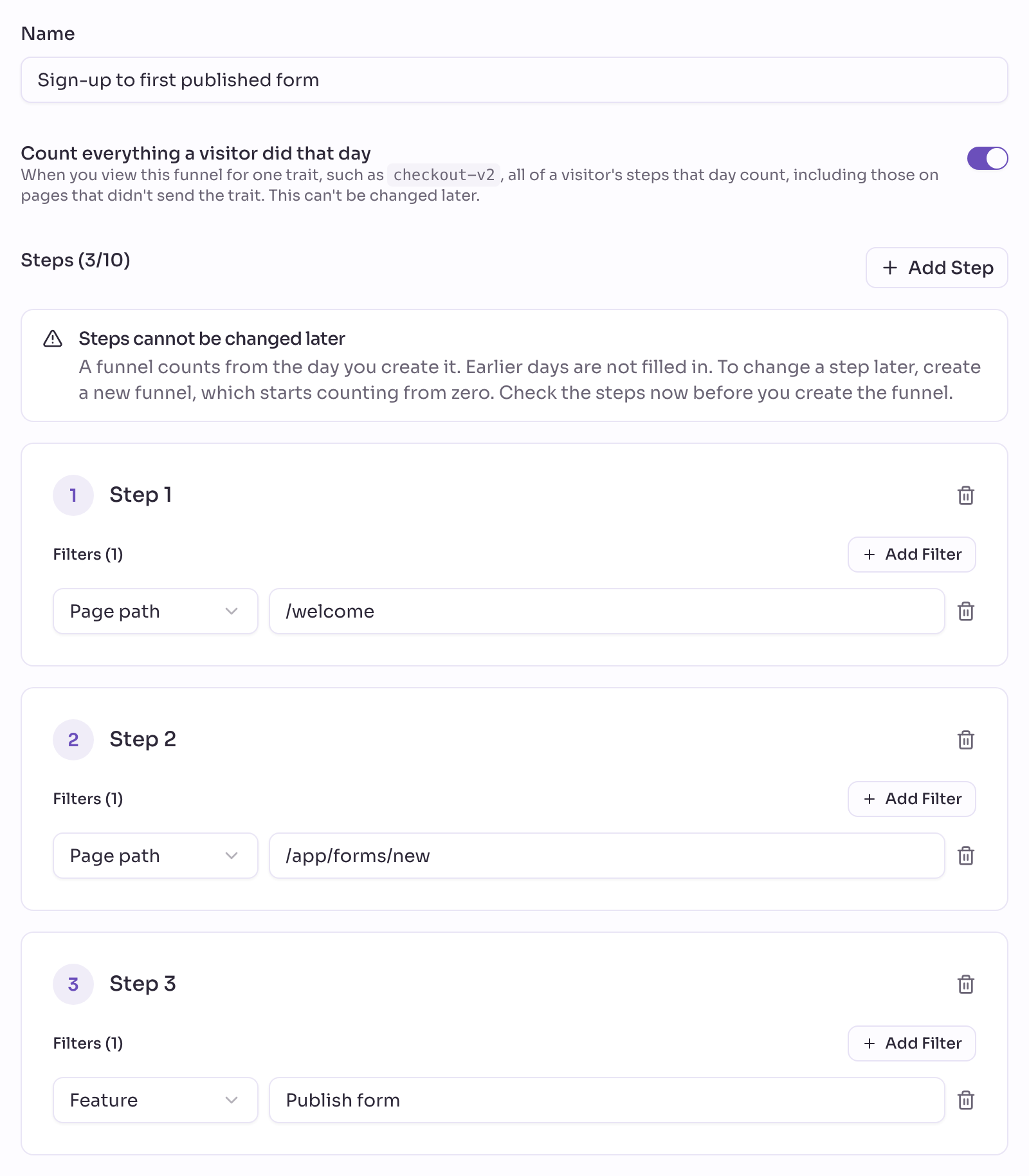 Das Formular Create Funnel mit dem Namen Sign-up to first published form und drei Schritten: Page path /welcome, Page path /app/forms/new und das Feature Publish form.