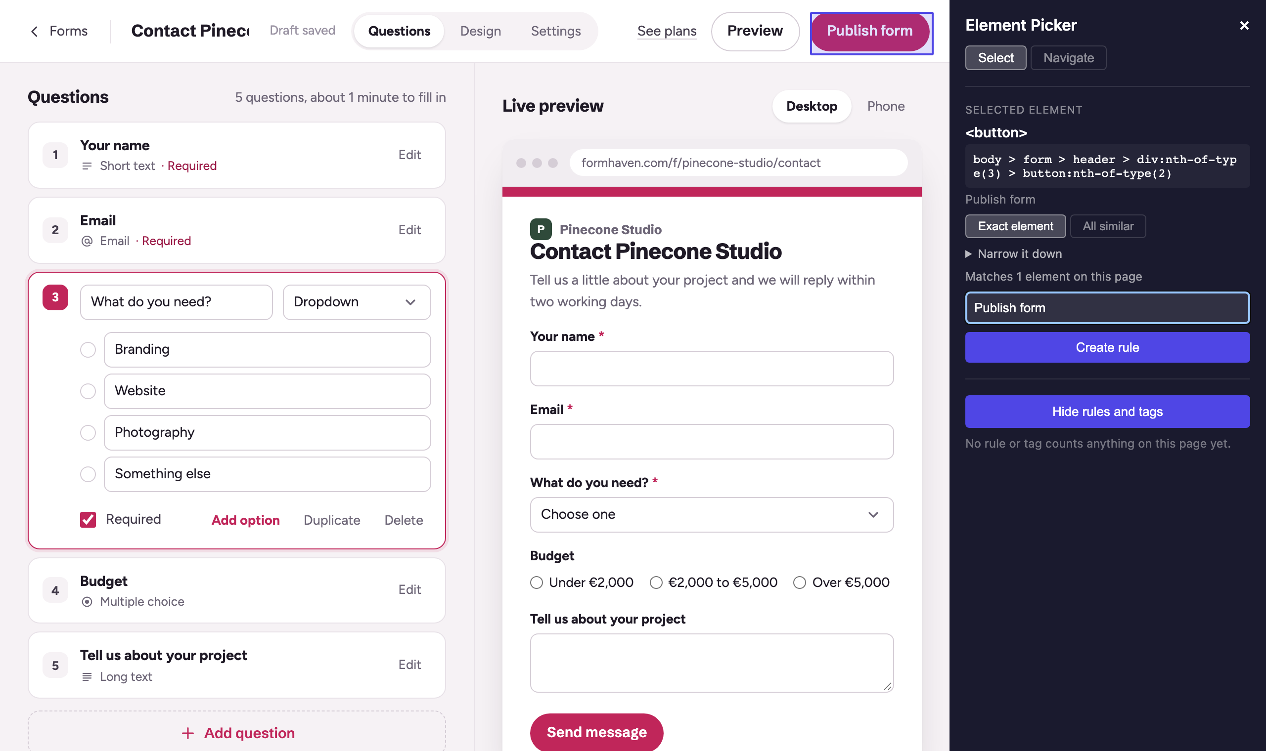 Der Formular-Editor von Formhaven mit dem Fenster des Element Pickers. Publish form ist umrandet, Exact element ist gewählt, das Fenster meldet Matches 1 element on this page, und über Create rule steht der Name Publish form.