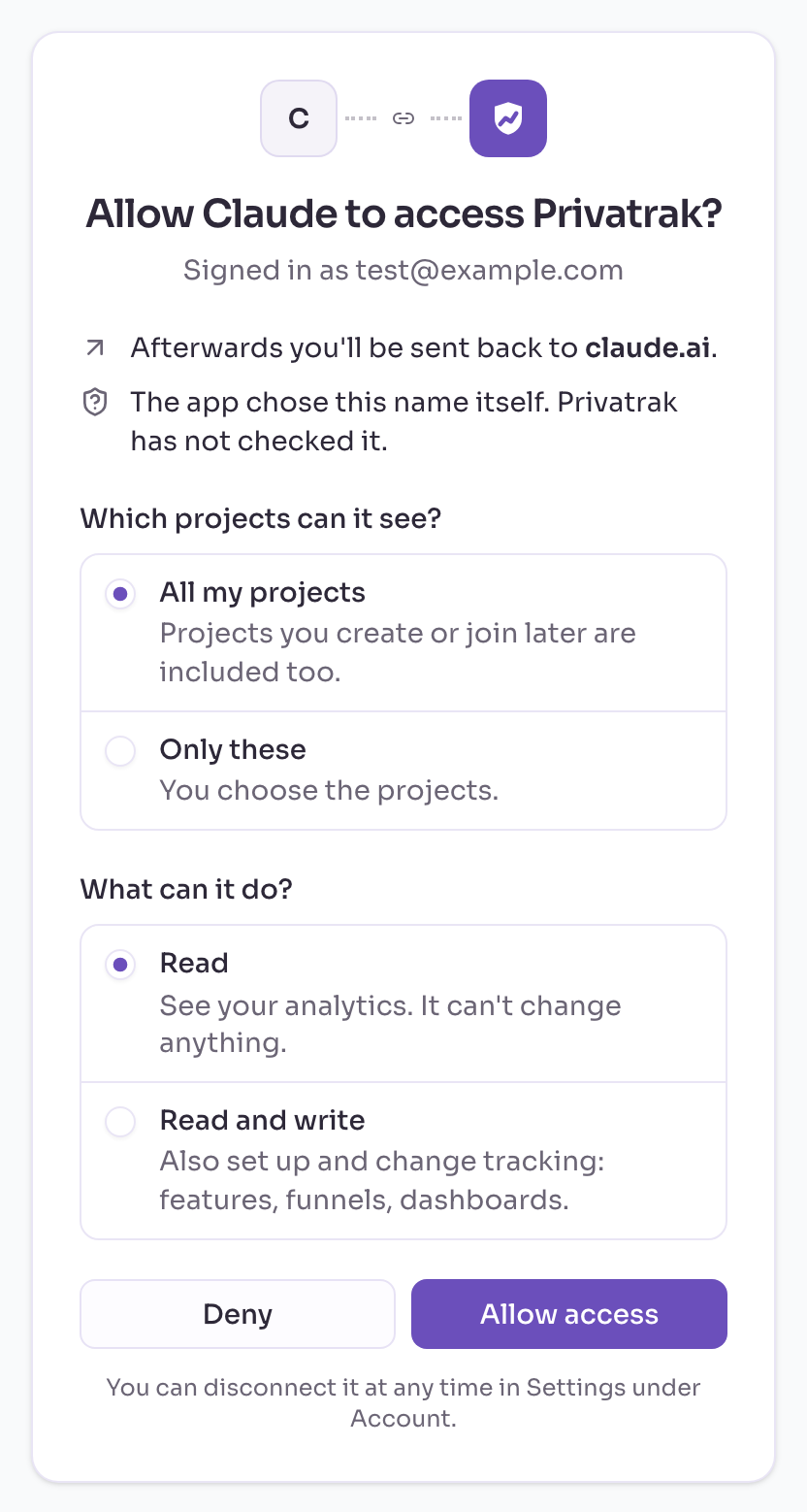 Die Seite Allow Claude to access Privatrak? mit den gewählten Optionen All my projects und Read, den weiteren Optionen Only these und Read and write sowie den Schaltflächen Deny und Allow access.