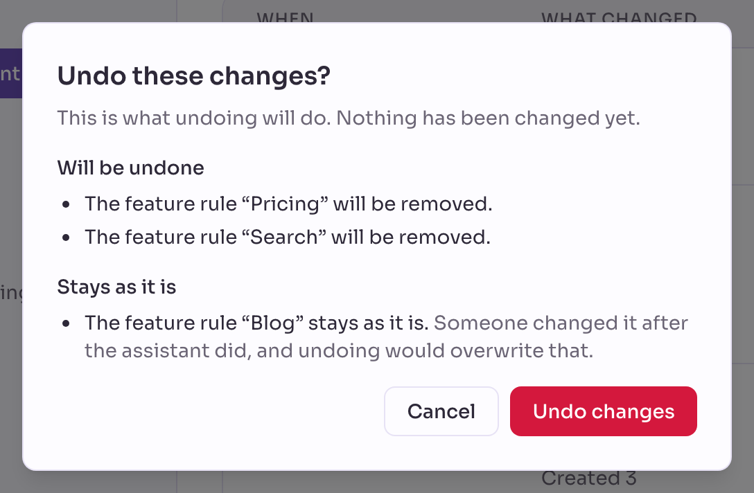 The dialog Undo these changes? with the feature rules Pricing and Search under Will be undone, and the feature rule Blog under Stays as it is because someone changed it after the assistant did.