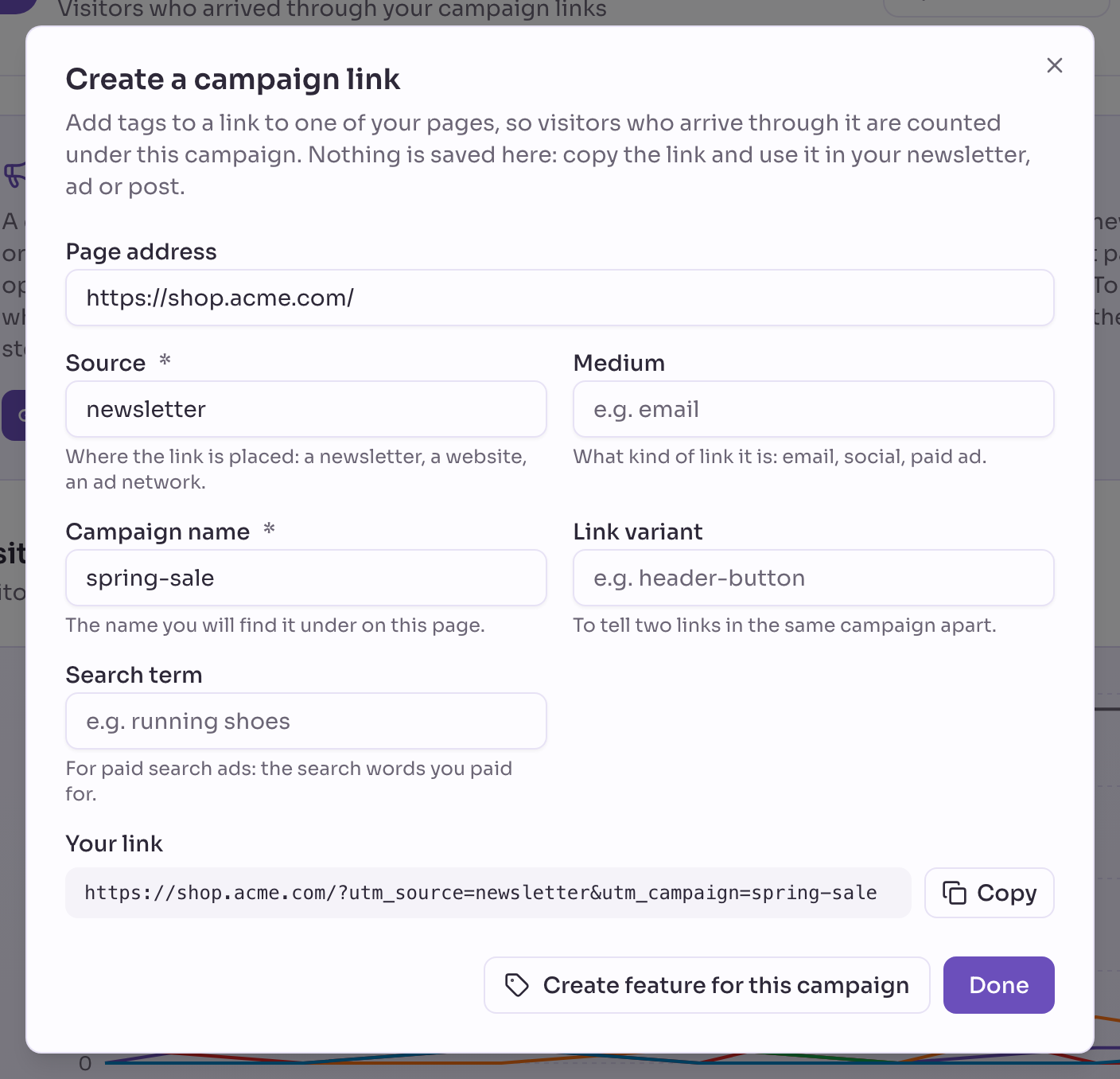 The dialog Create a campaign link with the Page address, Source and Campaign name filled in, a hint under each field, and Your link with a Copy button.