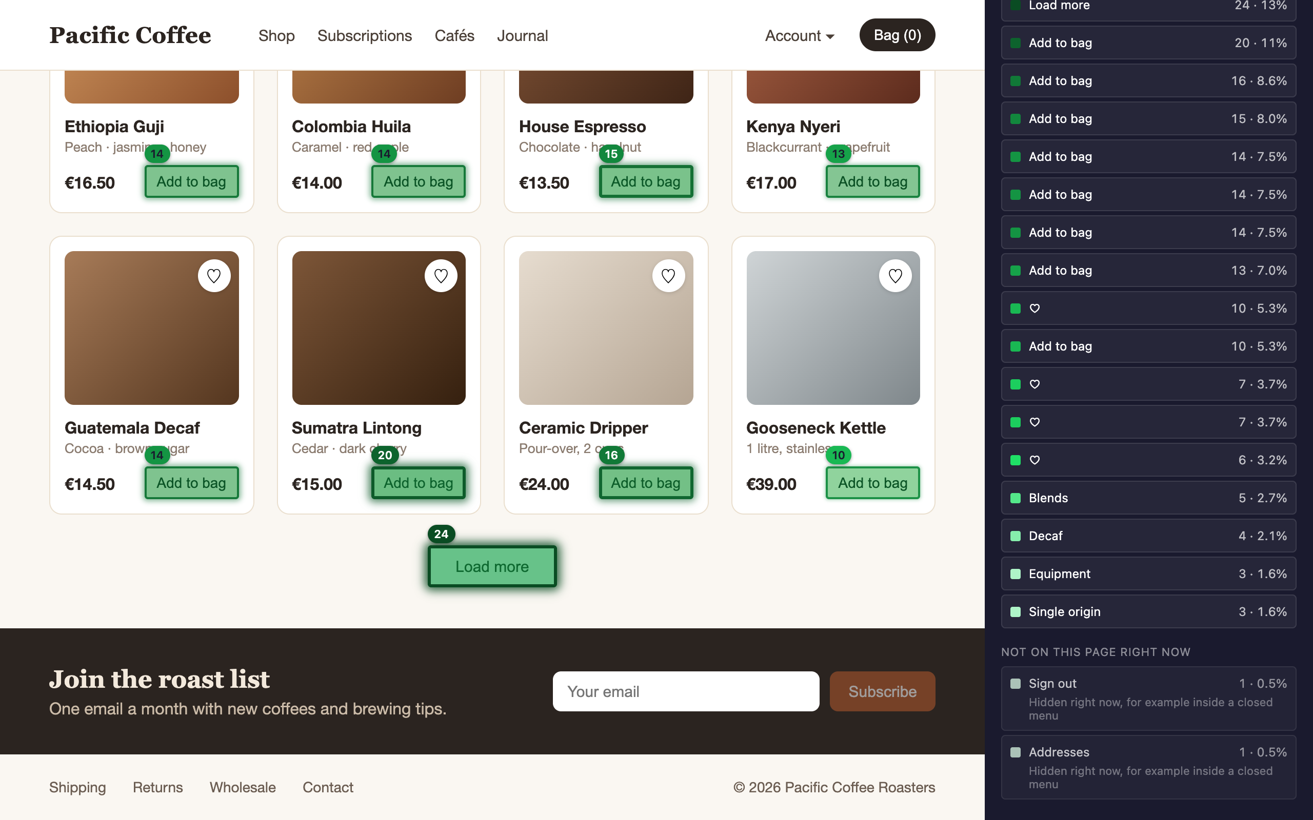 The shop page scrolled down. The list in the Click Map window ends with Not on this page right now and two links from a closed menu.