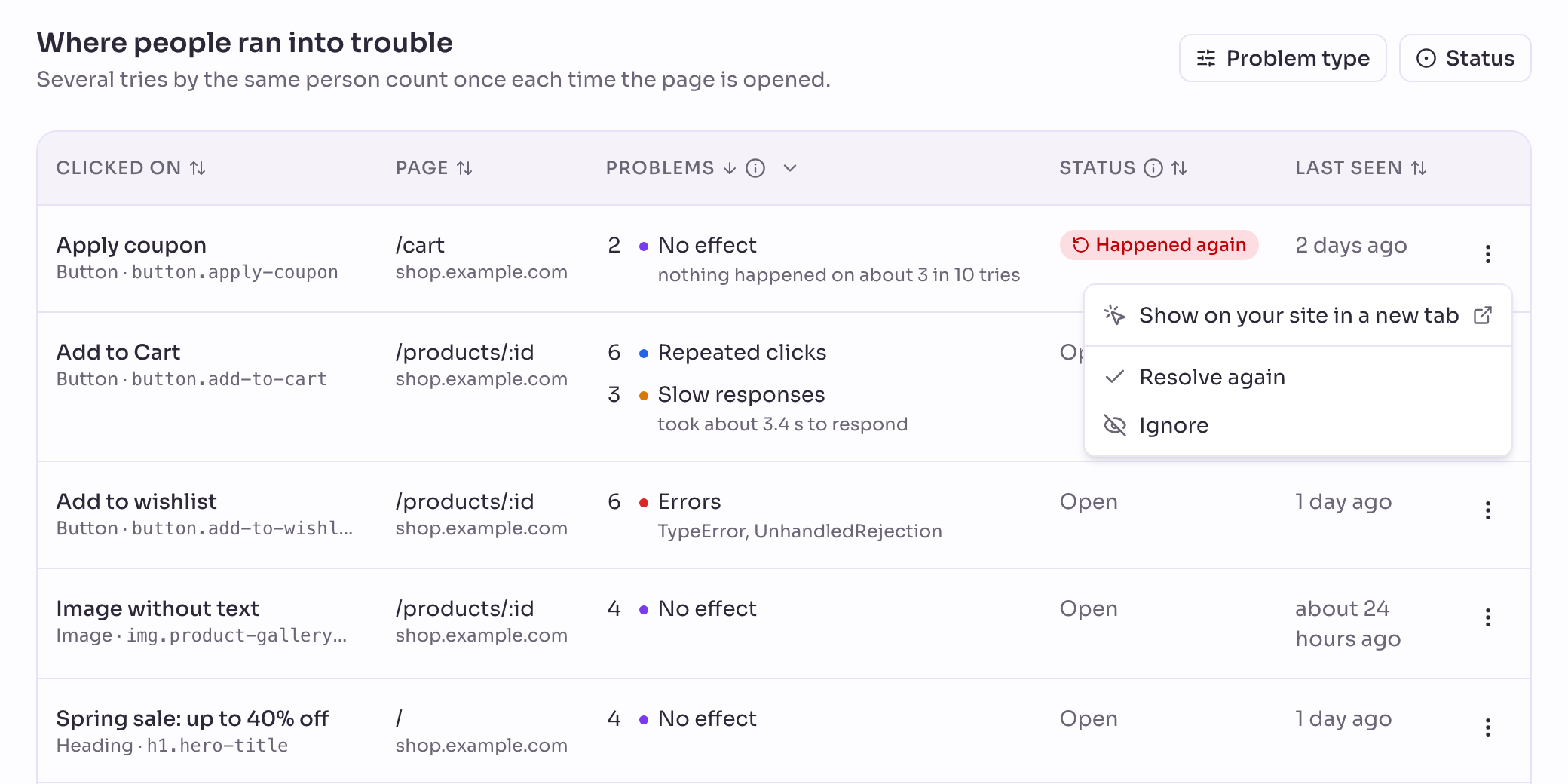 The list of elements with problems, with the menu of one element open: Show on your site in a new tab, Resolve again and Ignore.