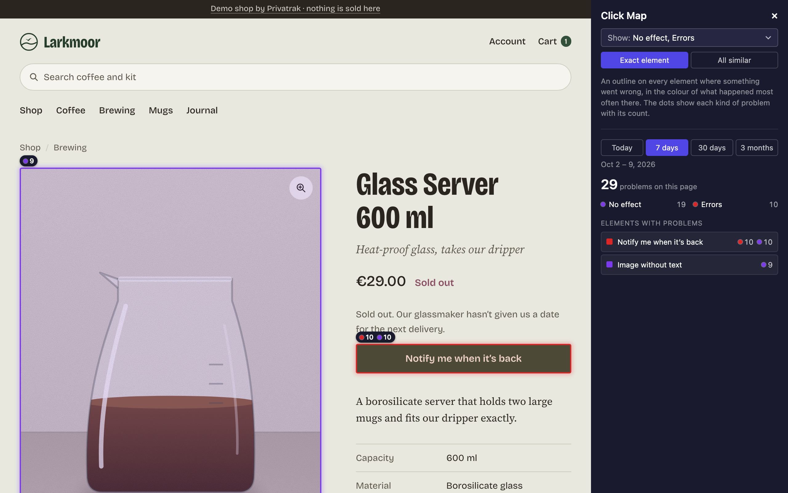 Die Produktseite Glass Server 600 ml von Larkmoor mit dem Fenster der Klickkarte. Notify me when it’s back ist rot umrandet, mit 10 Fehlern und 10 Klicks ohne Wirkung, das Produktbild ist violett umrandet, und das Fenster listet beide unter Elements with problems.