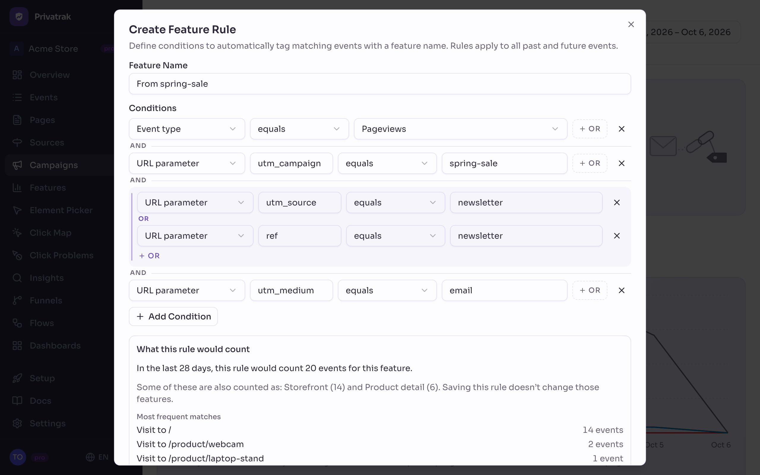 The Create Feature Rule form named From spring-sale, with conditions for page views whose utm_campaign is spring-sale, whose utm_source or ref is newsletter and whose utm_medium is email, and the preview of what it would count.