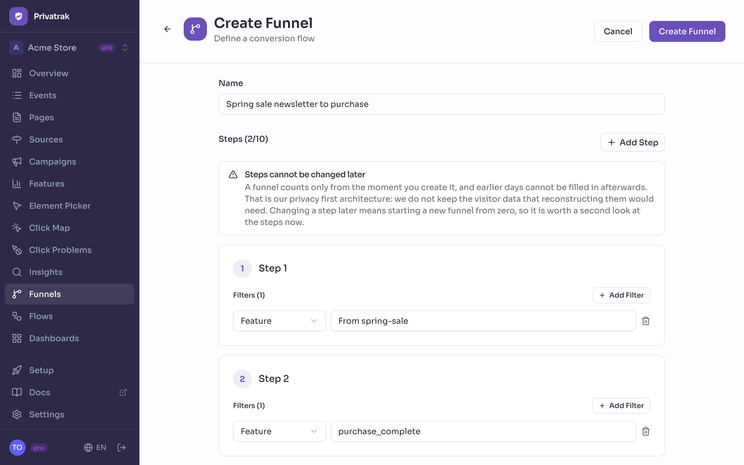 The Create Funnel page with the name Spring sale newsletter to purchase, step 1 filtered on the feature From spring-sale and step 2 on the feature purchase_complete.
