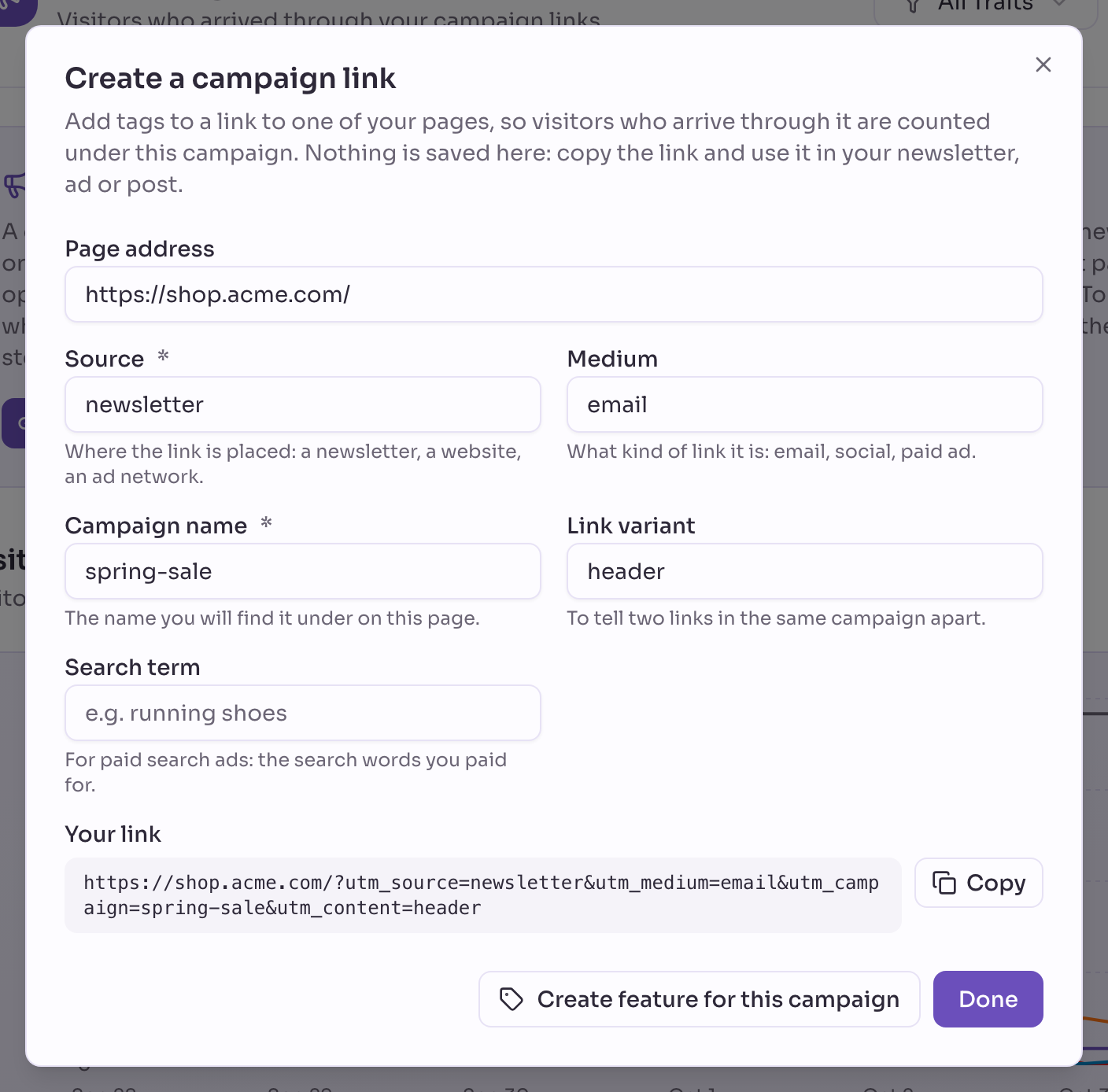 The Create a campaign link form with the page address https://shop.acme.com/, source newsletter, medium email, campaign name spring-sale and link variant header, and the finished link below.