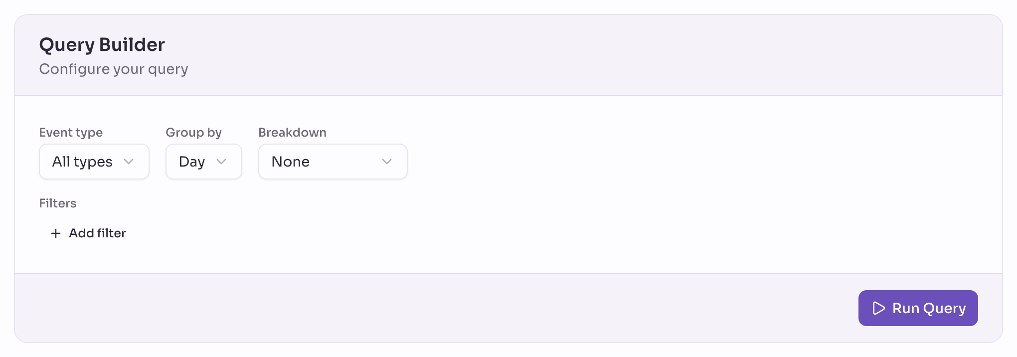 The Insights query builder with the measure, event type, grouping and breakdown fields filled in
