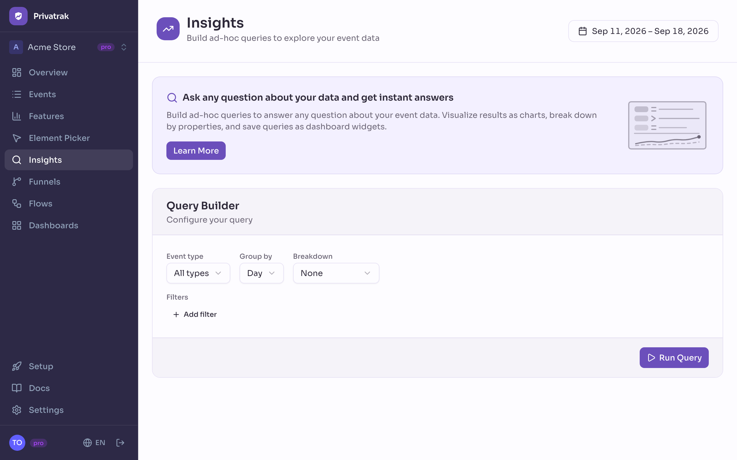 Insights page showing query builder and charts