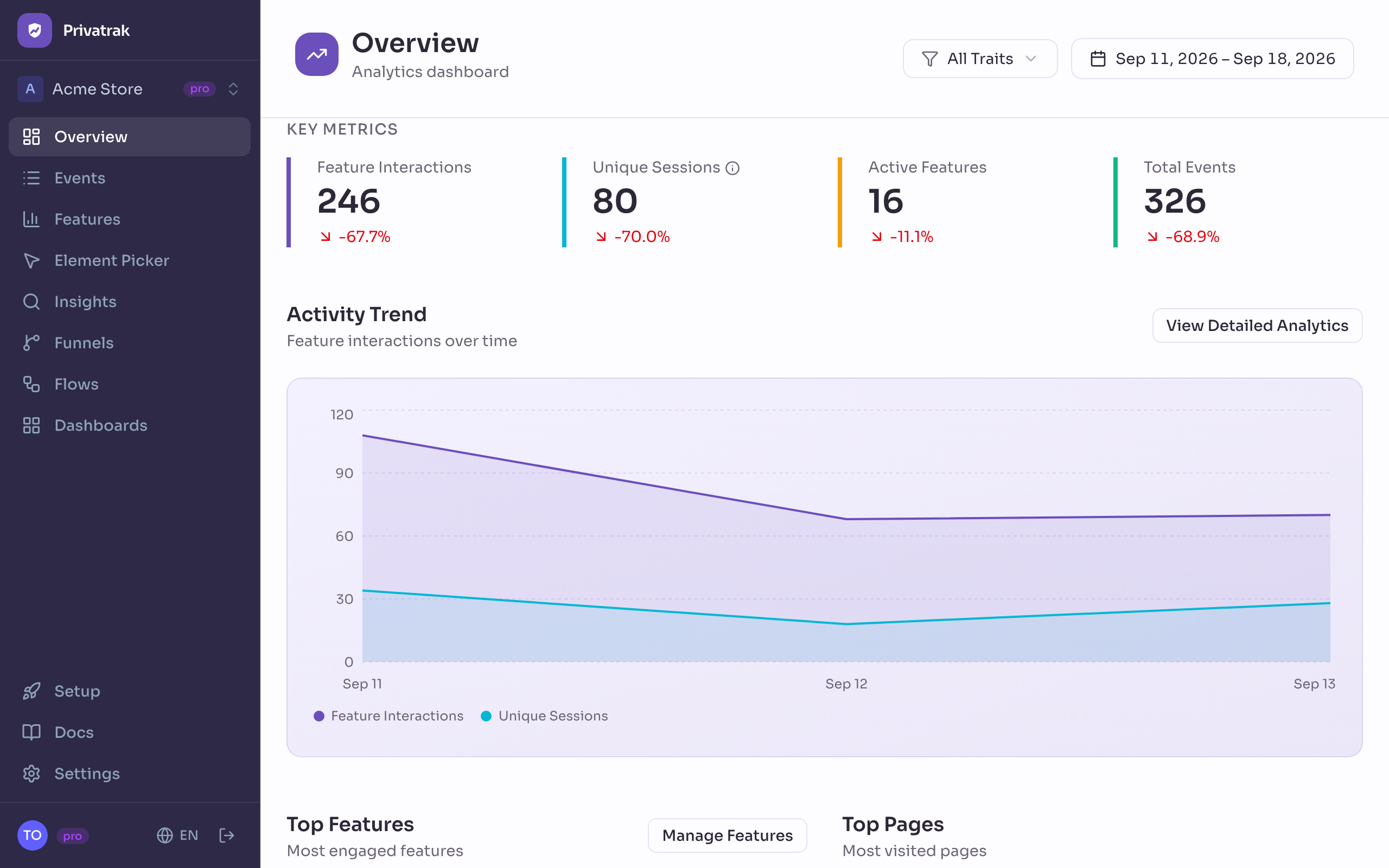 Overview page showing the four headline numbers, the activity chart, and the top pages and features