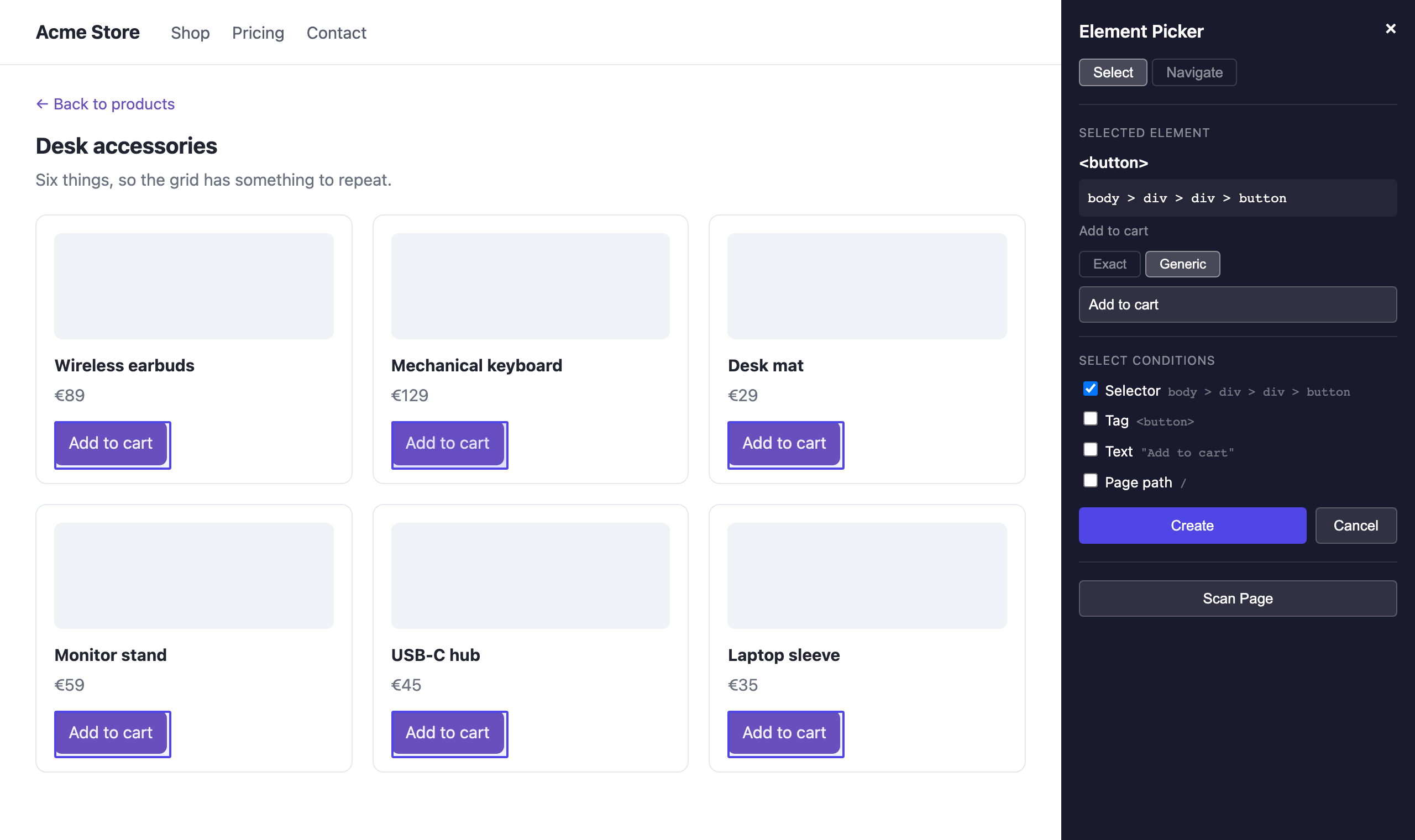 The picker panel listing the conditions for the new rule, with the selector ticked and the tag, text and page path offered