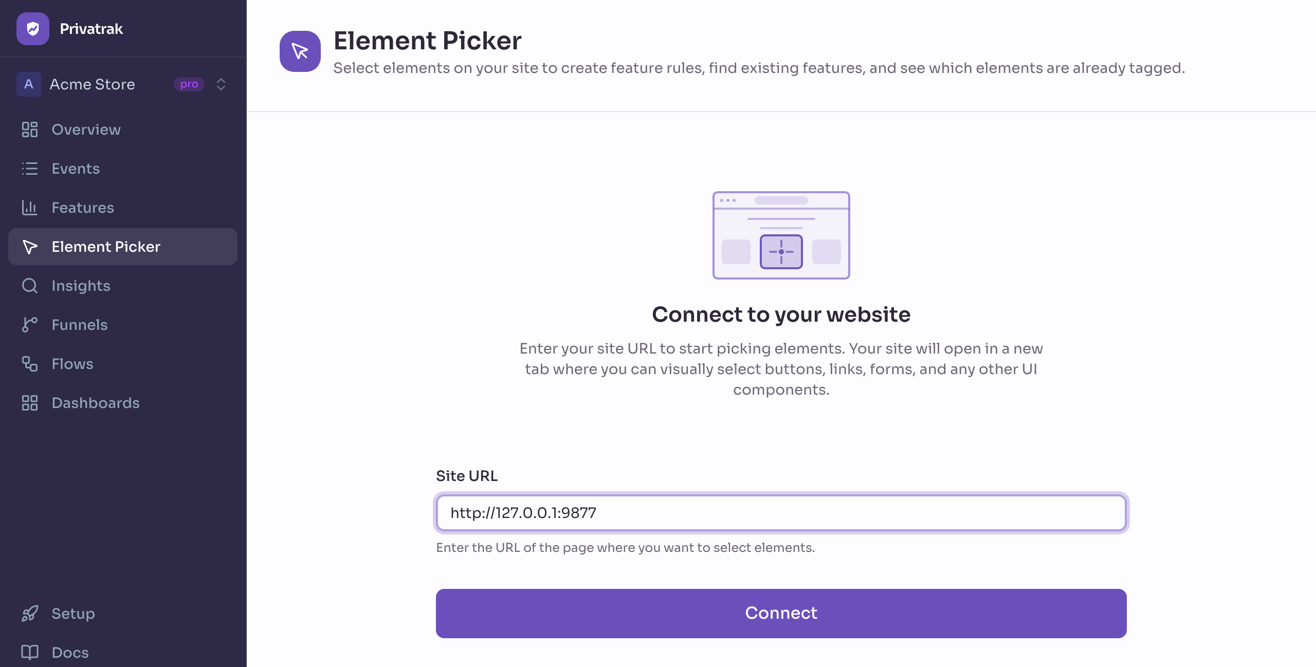 The Element Picker before it is connected, with a field for the page address and a Connect button