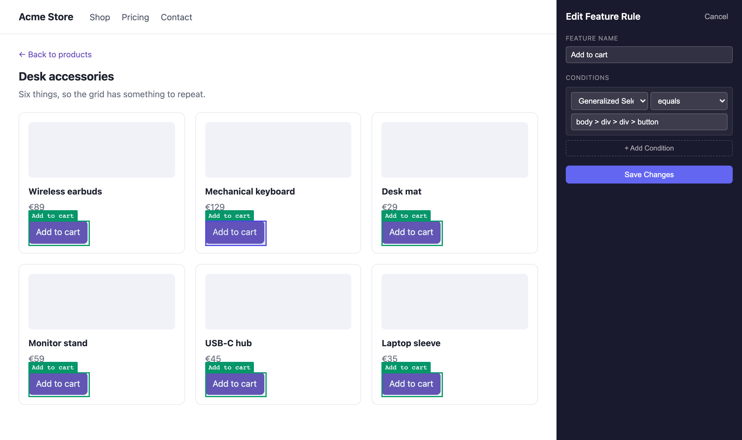 The picker's Edit Feature Rule form, with the feature name, one condition built from a property, a comparison and a value, and a button to add another