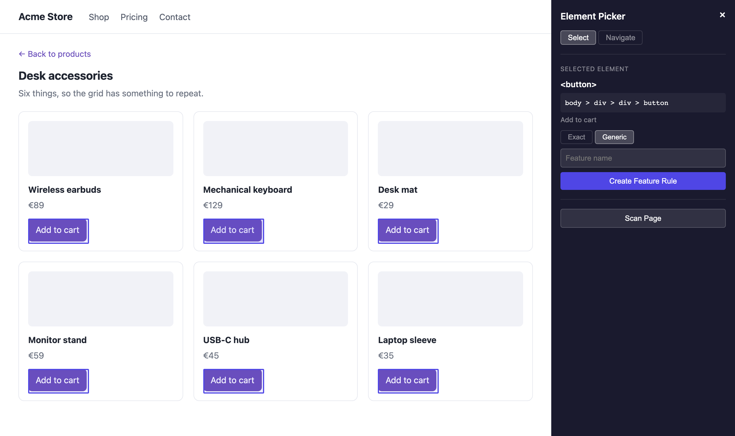 The picker panel after a click, naming the selected element and showing its selector, with Exact and Generic offered as match modes