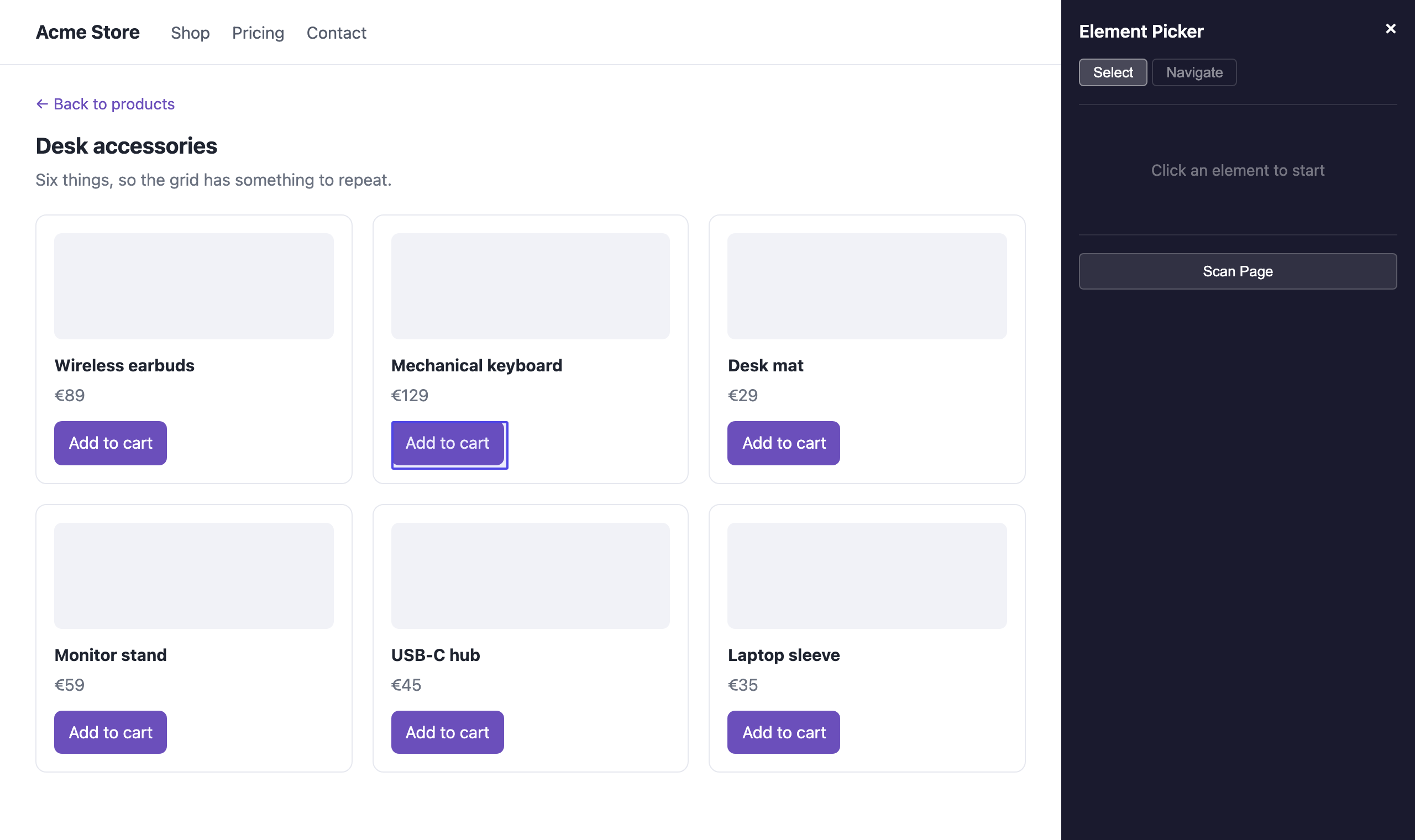 A site with the picker panel on top of it, the pointer outlining the element underneath it in Select mode