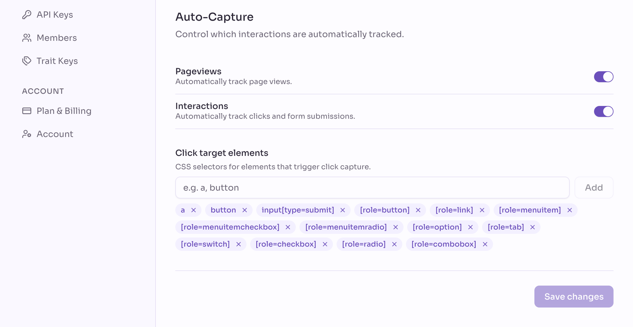 The auto-capture switches on the Tracker settings page and the list of elements a click is counted on