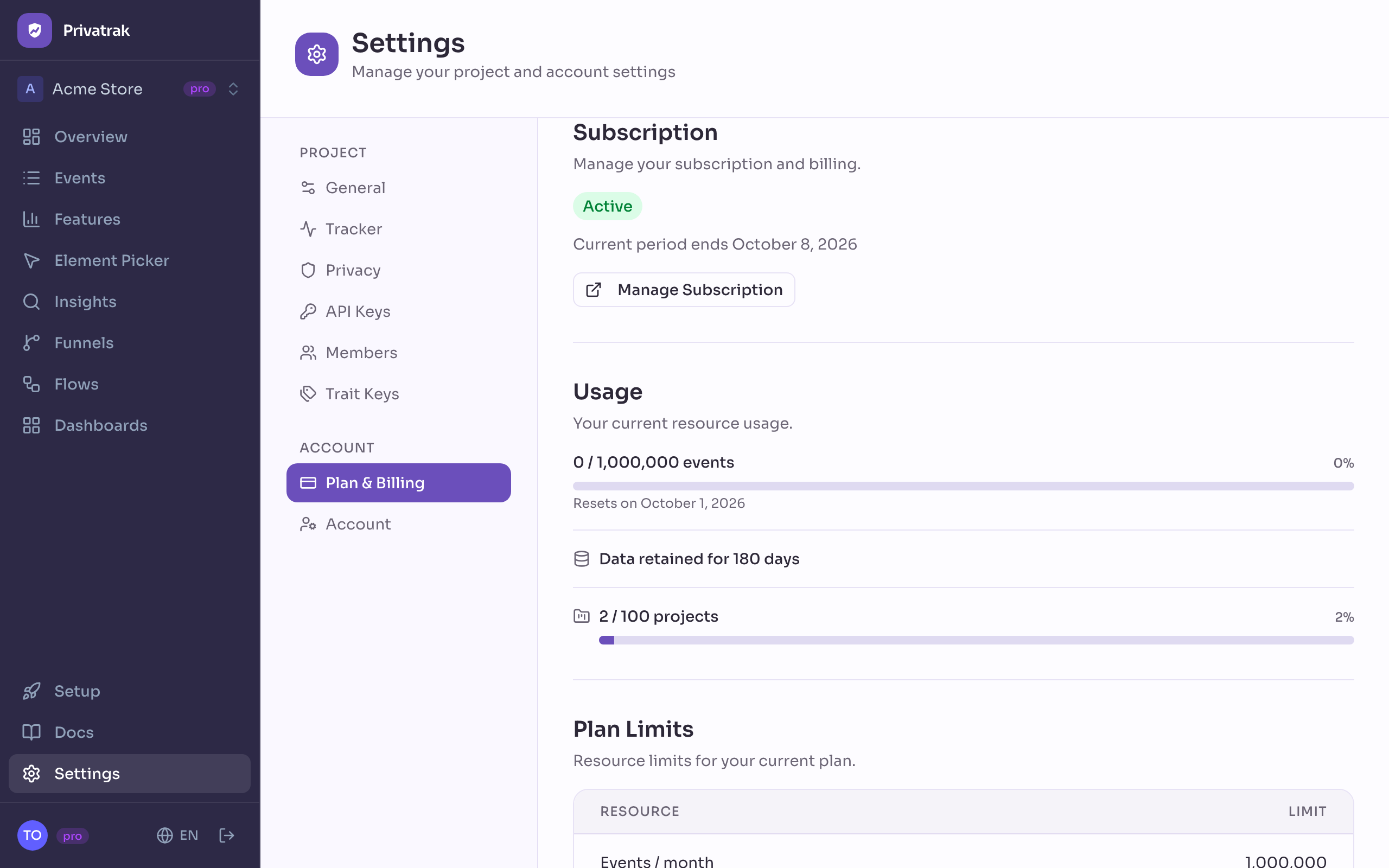 Billing settings page