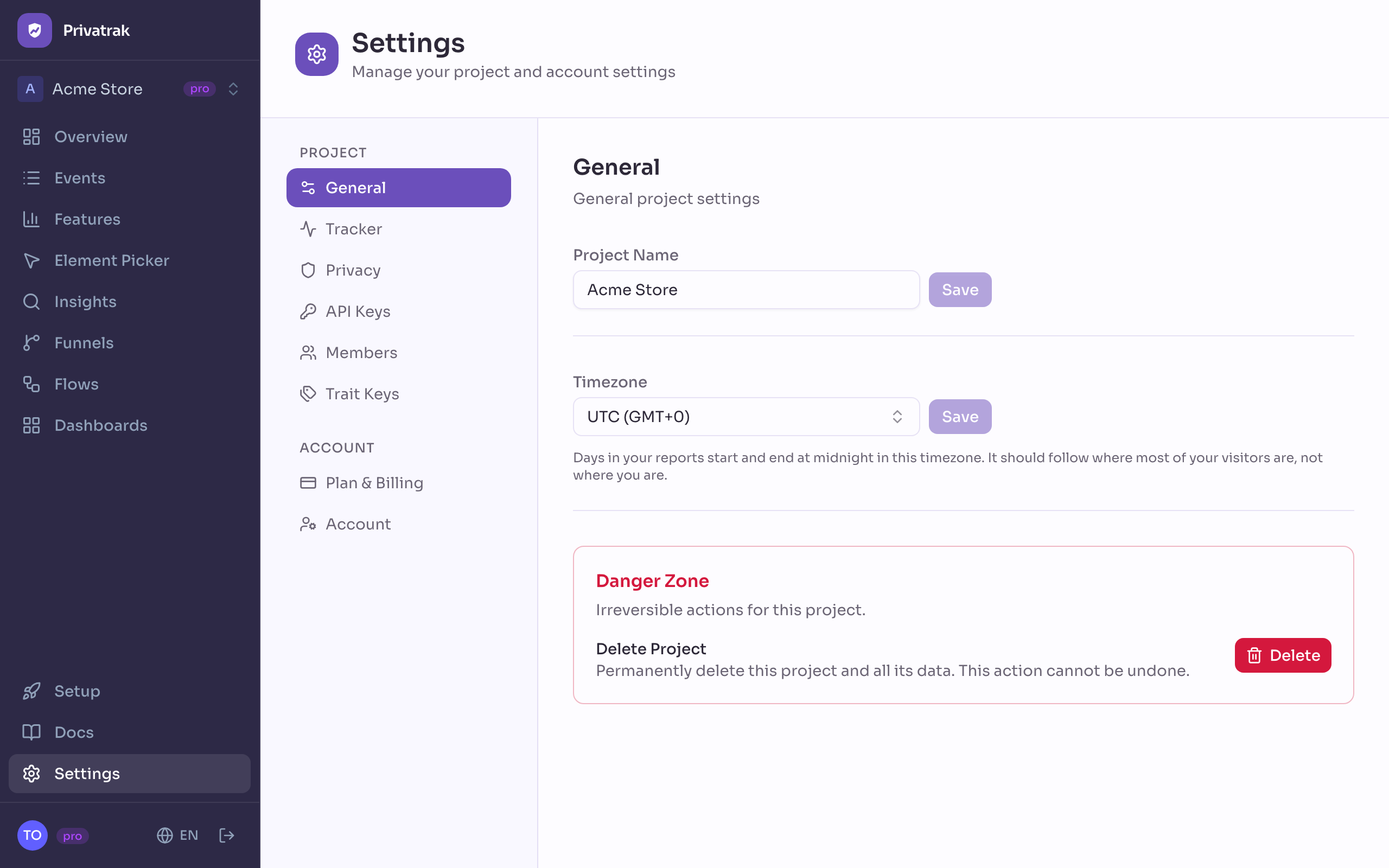 General settings page showing the project name field and the timezone control