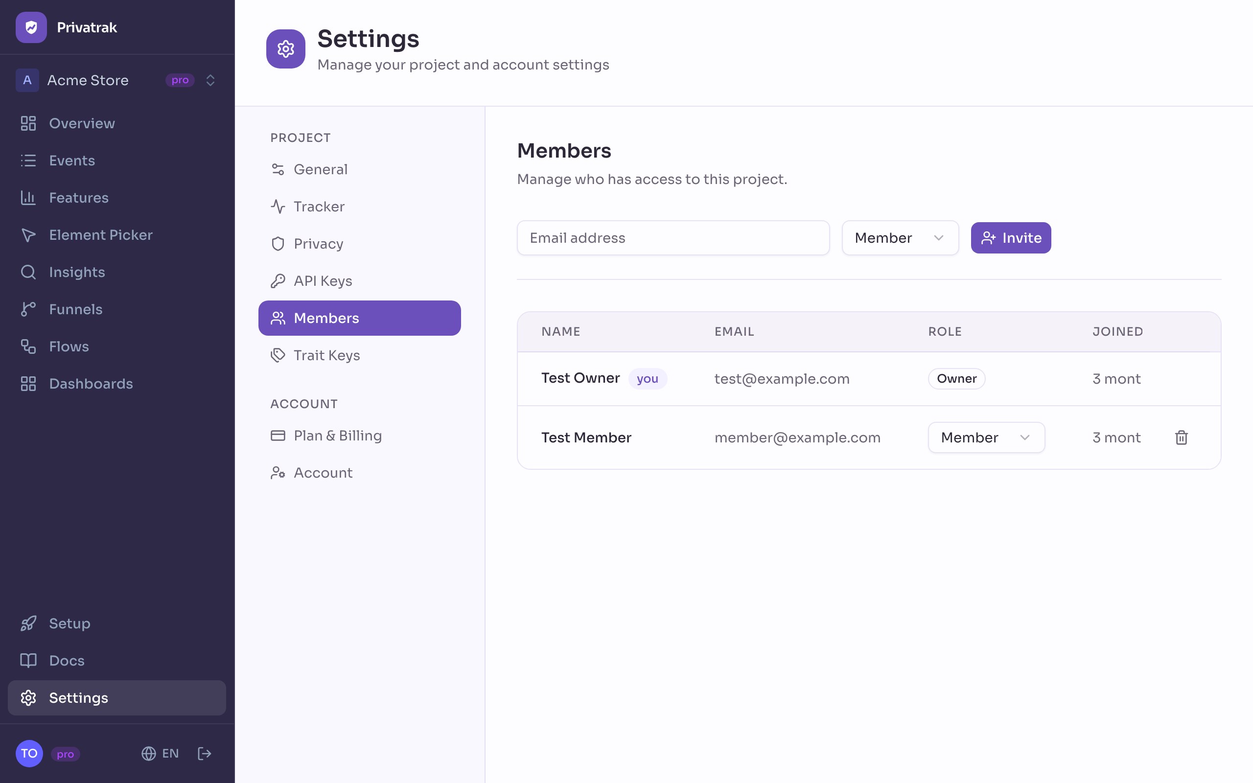 Members settings page