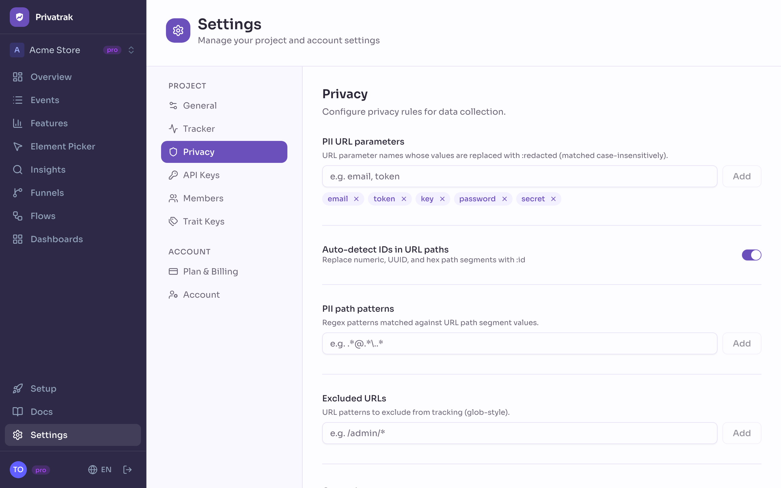 Privacy and security settings page showing the PII URL parameters and excluded URLs