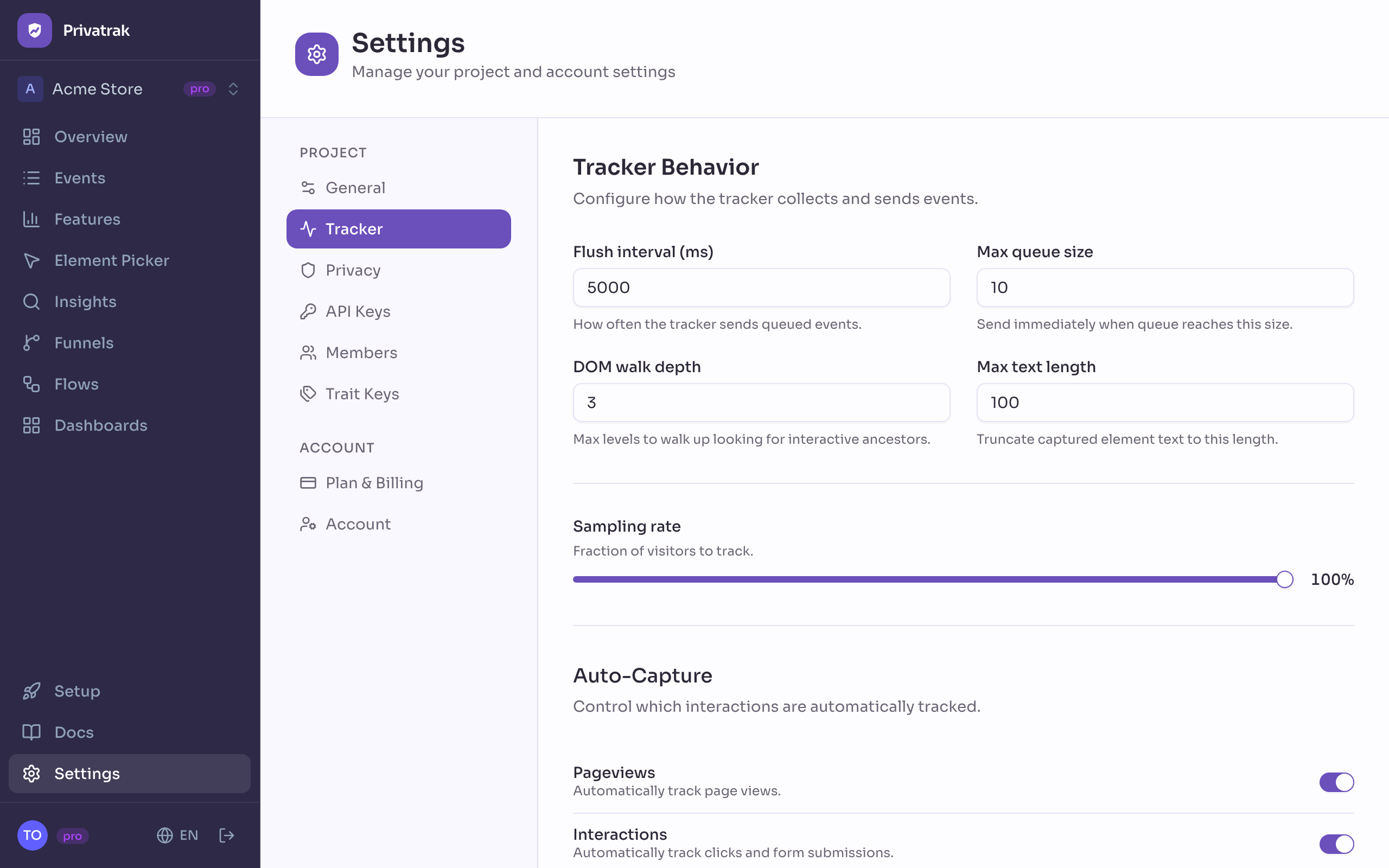Settings page showing tracker configuration