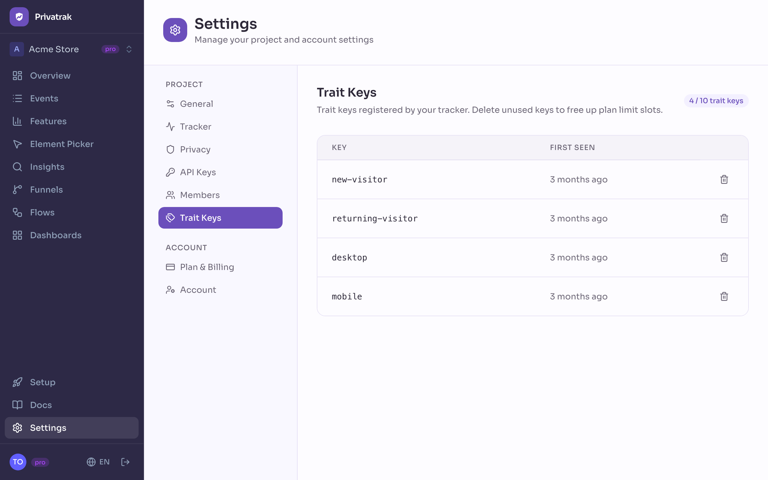 Trait keys settings page listing the registered trait keys with the date each was first seen