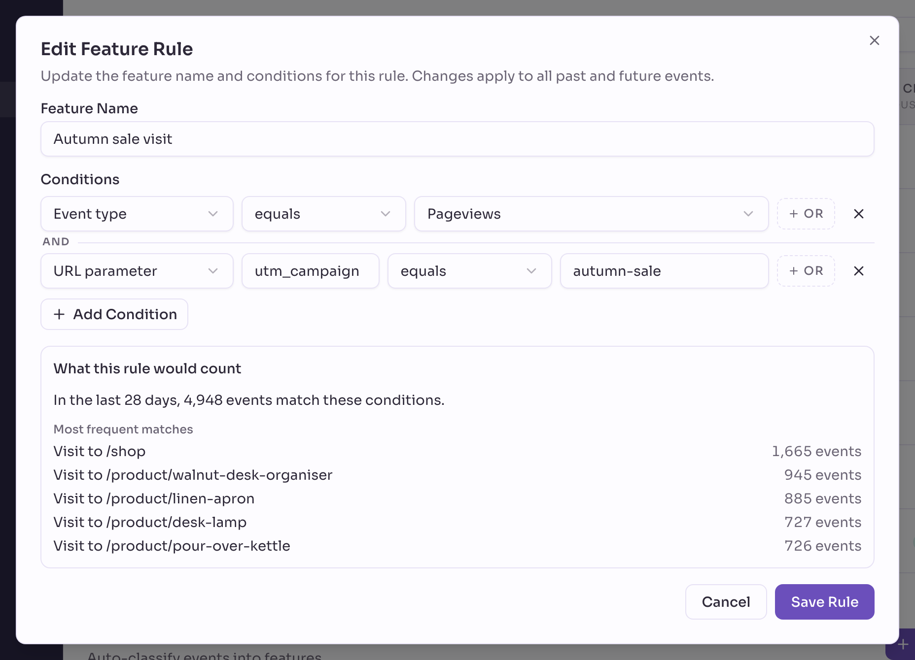 The Edit Feature Rule form for Autumn sale visit, with the conditions Event type equals Pageviews and URL parameter utm_campaign equals autumn-sale.