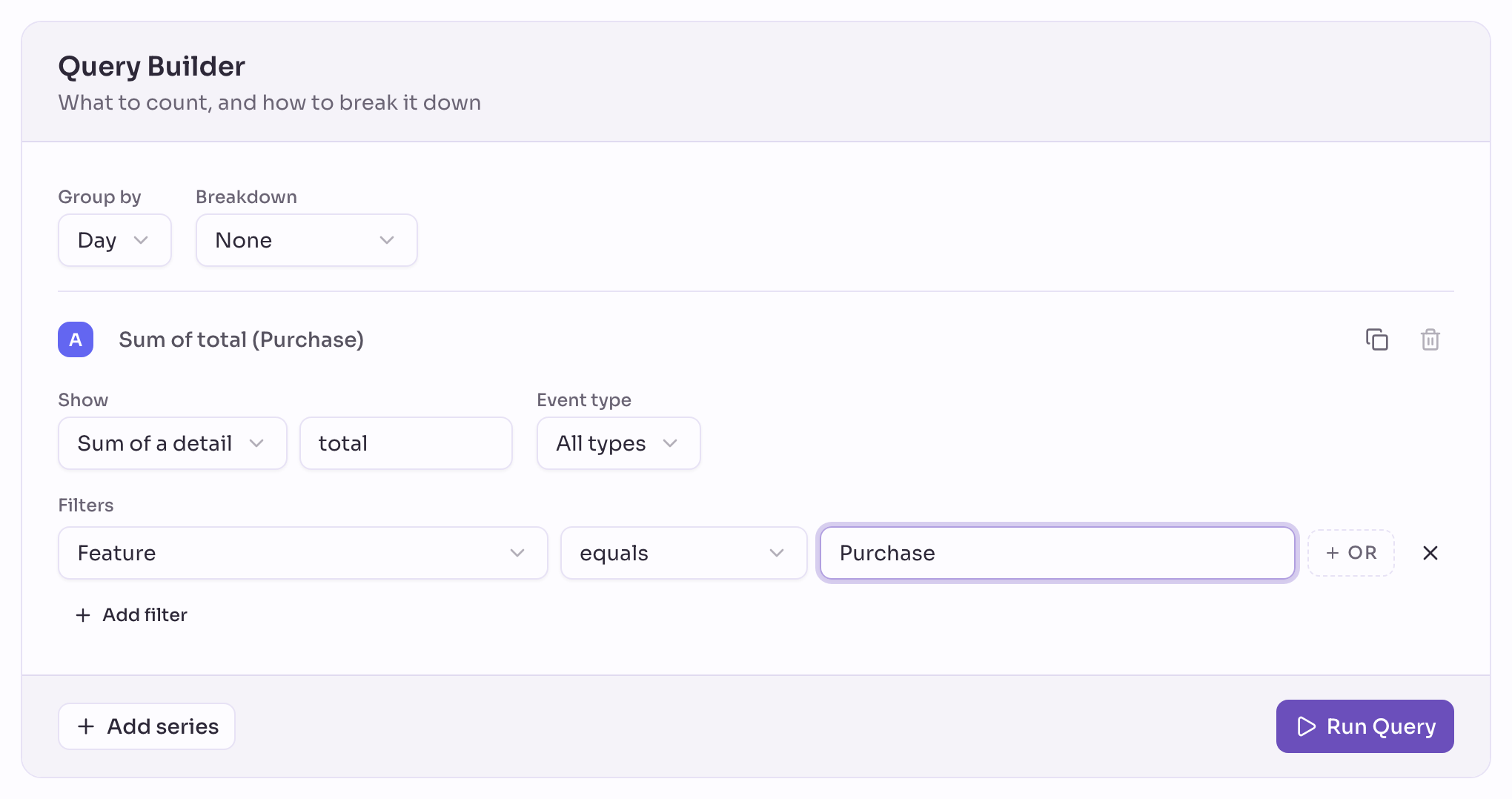 The Insights query builder with Show set to Sum of a detail, Detail name total, and a filter Feature equals Purchase.