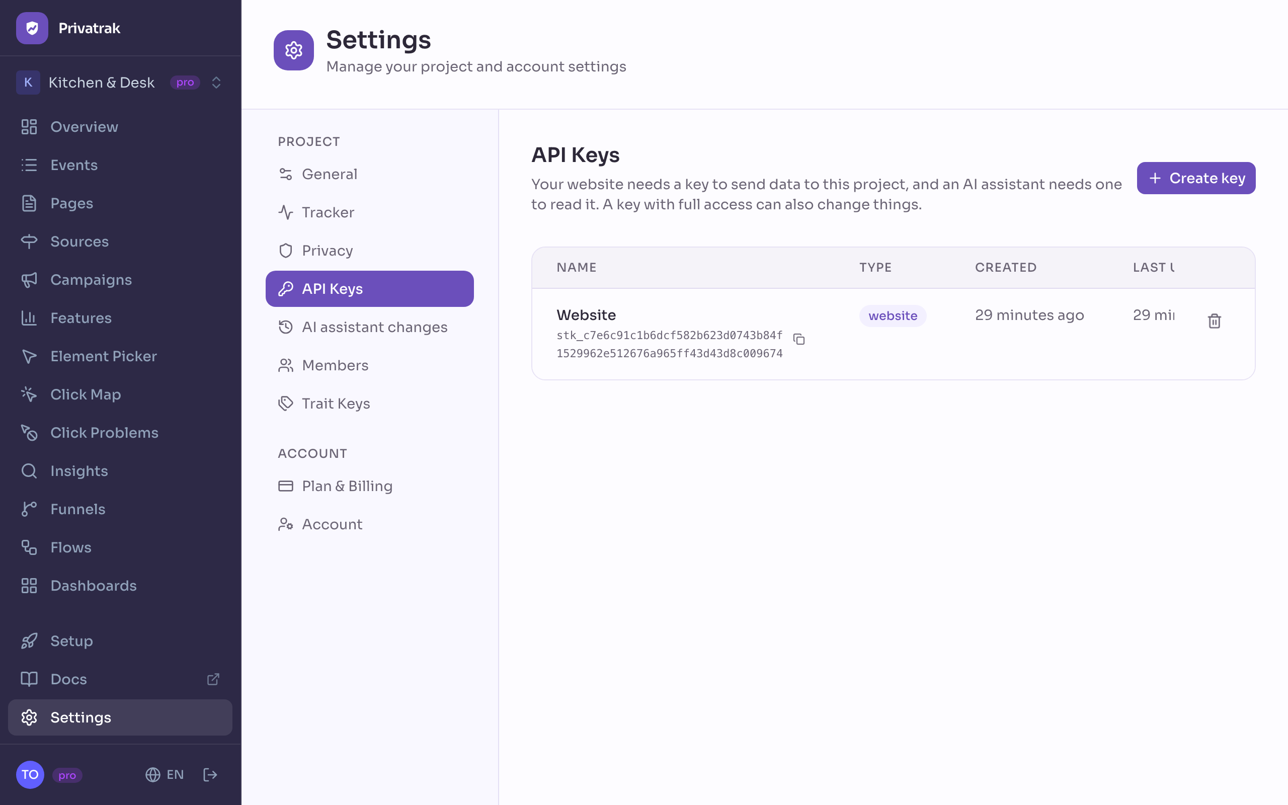 The API Keys page in Privatrak with one key named Website, type website.
