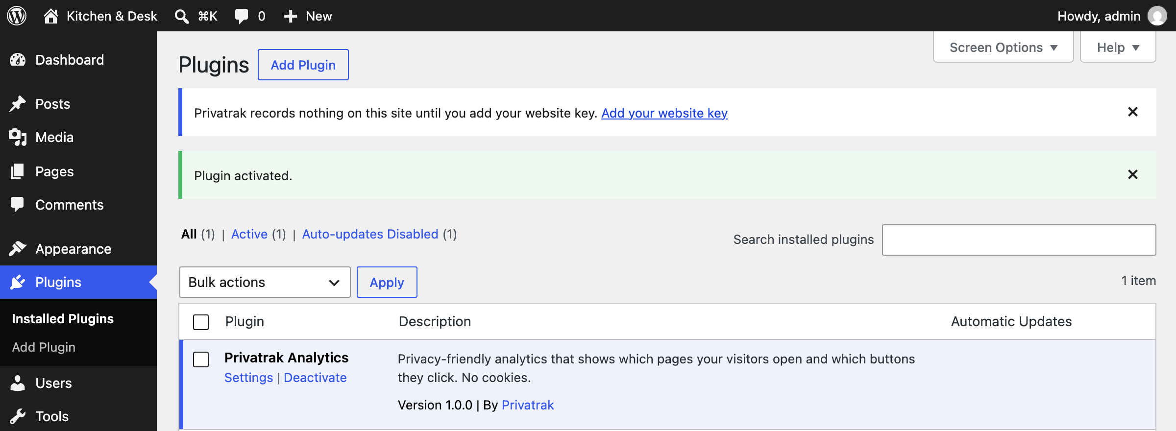 The WordPress Plugins page after activation, with the notice Privatrak records nothing on this site until you add your website key, and a link to add it.