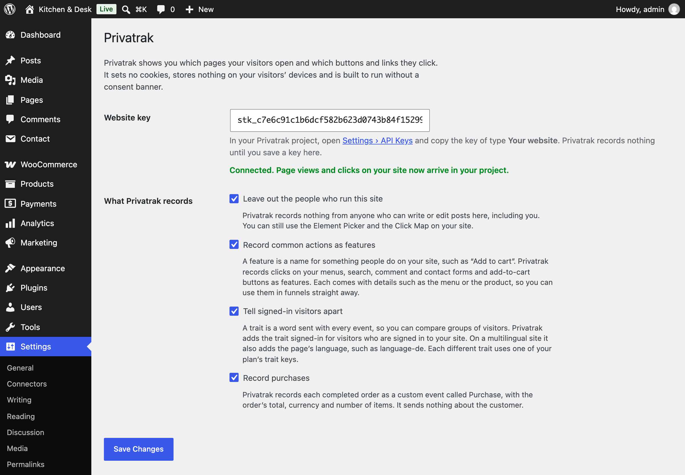 The Privatrak settings page in WordPress after saving a key, with the green message that the site is connected.