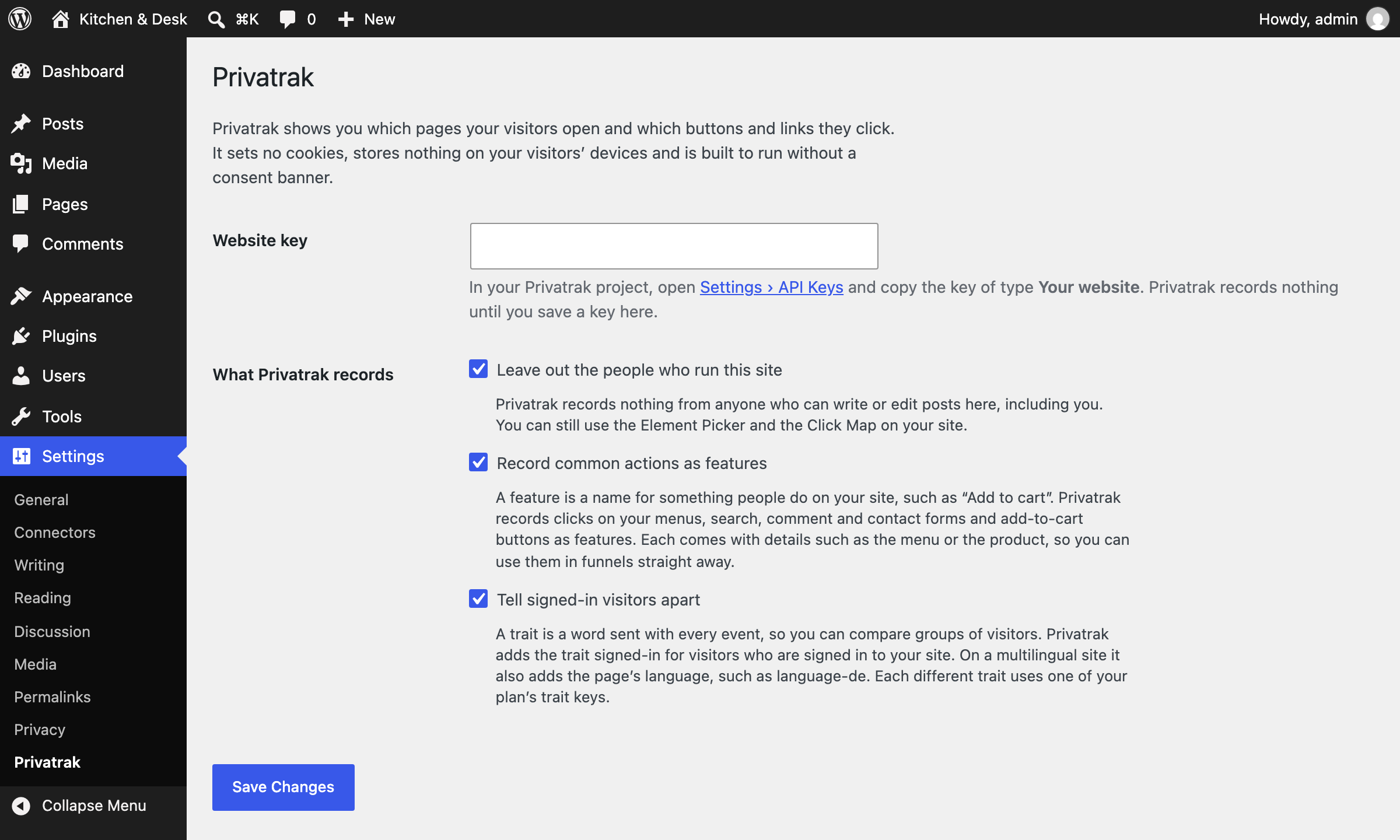 The WordPress Privatrak settings page with an empty Website key field, a hint pointing to Settings › API Keys, and the switches under What Privatrak records all turned on.