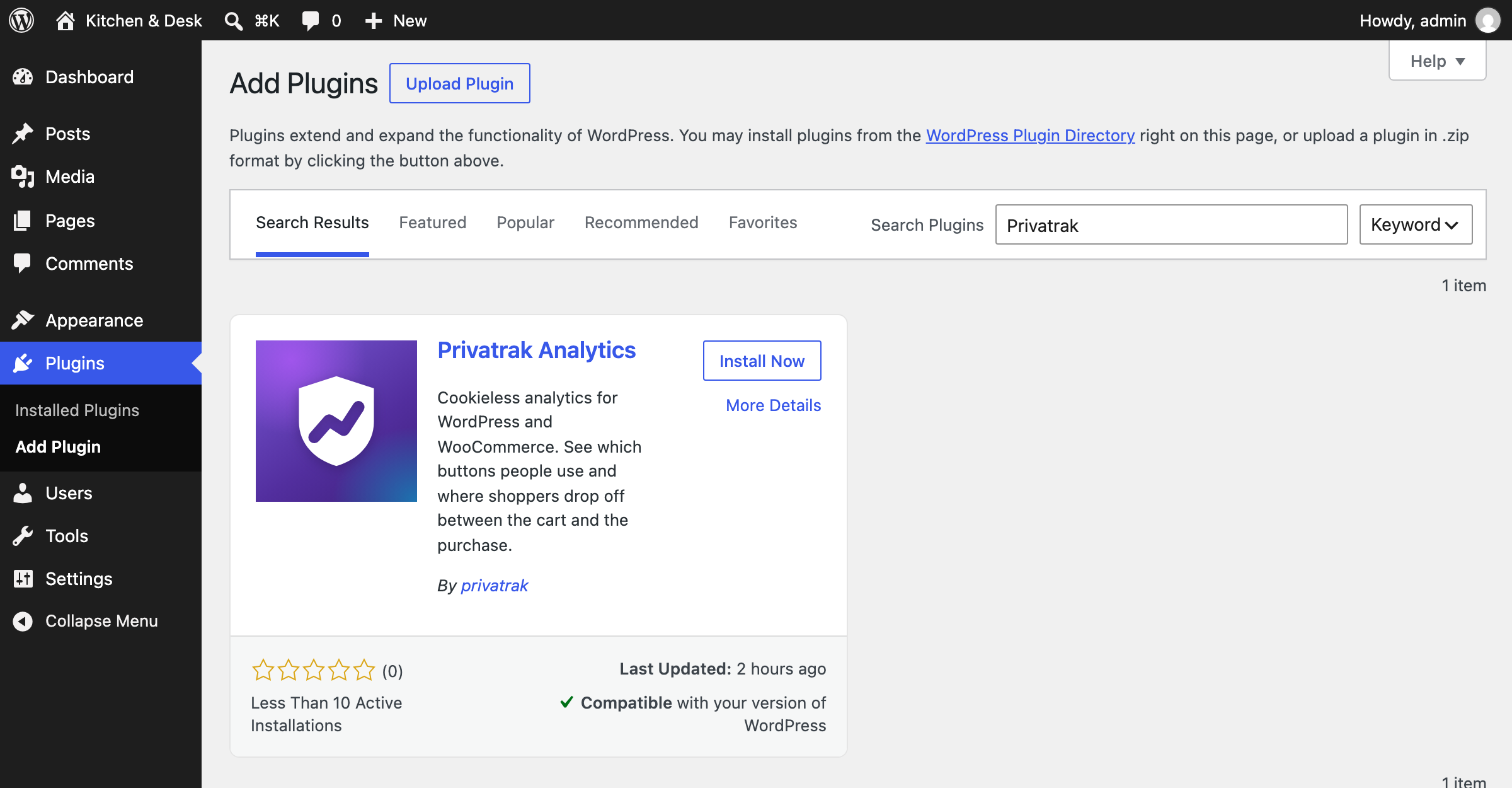 The WordPress plugin search for Privatrak, showing Privatrak Analytics with the button Install Now.
